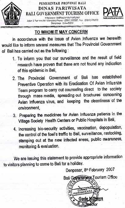 Official Statement from Bali Government Tourism Office Regarding Avian Influenza